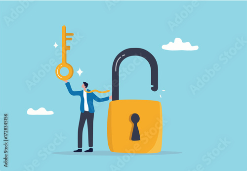 Golden key to unlock, solve business problem, professional to give solutions, success business key or unlock business accessibility concept, smart businessman holding golden key to unlock the pad.