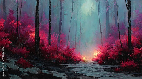 Enchanted Forest with Vibrant Pink Foliage and Ethereal Light
