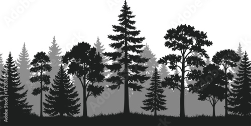 Forest tree silhouette landscape, layered nature scene, black and gray foliage illustration, coniferous and deciduous trees, vector woodland background, editable design