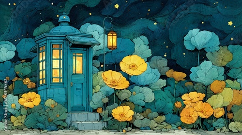 Dreamy Blue Cottage Surrounded by Vibrant Flowers at Night Sky