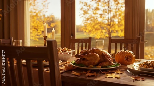 Festive autumn feast with roasted turkey, pumpkin, and candles on a wooden table