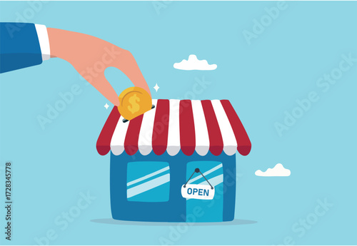 Funding small business, backing startup project or banking loan to start new business, investment or saving to open new shop concept, businessman hand funding by put coin into small business store.