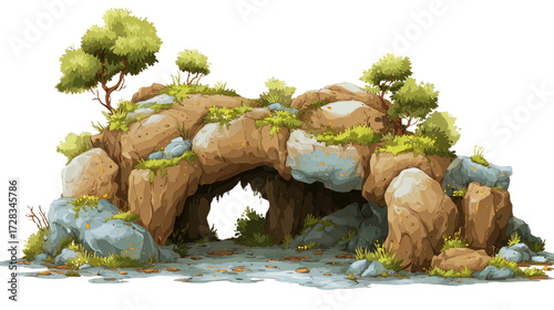 Fantasy world landscape with mysterious underground cave glowing crystals and magical atmosphere creating surreal adventure scene isolated on white background
