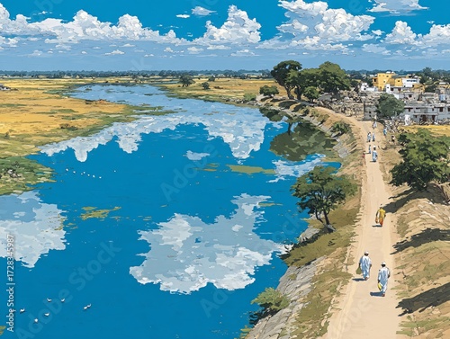 Scenic River Landscape with Azure Sky and Lush Green Fields
