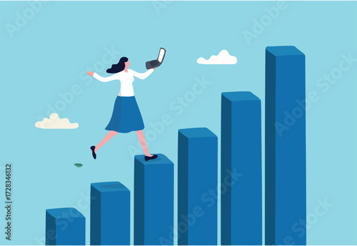 Growth or improvement, progress on career path to achieve business goal, motivation to success, step to skill development concept, businesswoman working on laptop walk up growing graph and chart.