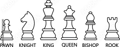 Chess pieces icon set collection group with pawn, knight, king, queen, rook, bishop symbols in black silhouette and line outline vector design, strategy game elements isolated on background