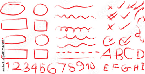 Hand Drawn Red Correction Marks Shapes Letters and Numbers for Editing