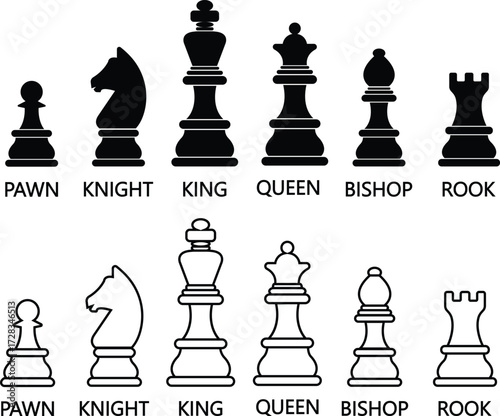 Chess pieces icon set collection group with pawn, knight, king, queen, rook, bishop symbols in black silhouette and line outline vector design, strategy game elements isolated on background
