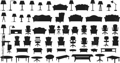 Furniture and lighting silhouette set, sofas, chairs, desks, tables, floor lamps, table lamps, filing cabinet, vector illustration, interior design icons