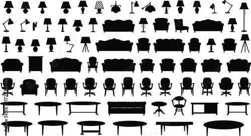 Furniture and lighting silhouette set, table lamps, floor lamps, alarm clocks, sofas, chairs, desks, vector illustration, interior design, home decor icons