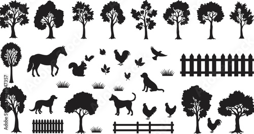 Farm and nature silhouette set, trees, horses, dogs, chickens, fences, birds, grass, vector illustration, rural landscape, countryside elements, animals