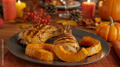 Festive Thanksgiving scene with grilled chicken, squash, and autumn decorations