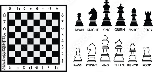 Chess icon set collection with board and pieces, strategy game symbols group including pawn, knight, rook, bishop, queen, king, black and white vector design in flat and line style isolated