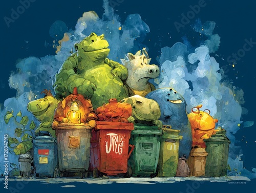 Colorful Cartoon Creatures Gathered Around Trash Cans in Urban Scene