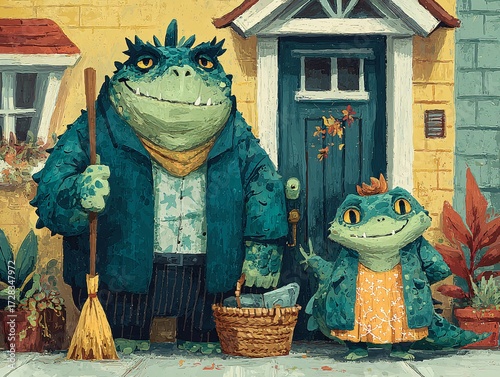 Whimsical Frog Characters in Front of Charming Home Setting