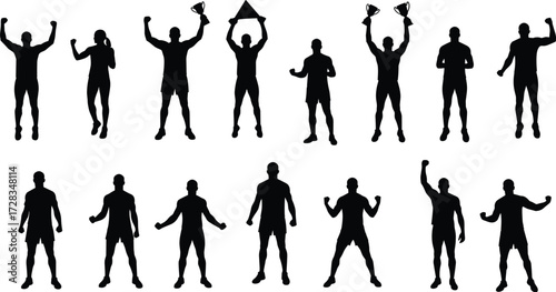 Victory and confidence silhouette set, cartoon men holding trophies, raising arms, standing strong, vector illustration, achievement, success, motivation, sports award