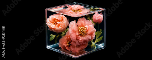 Flowers encased in a transparent cube display.
