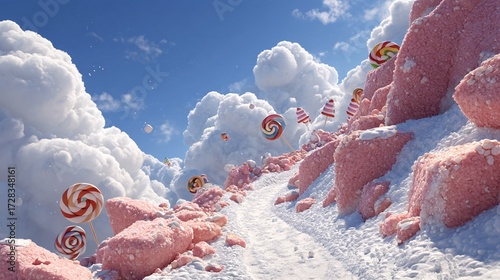 Whimsical Candy Land Pathway with Clouds and Sweet Treats