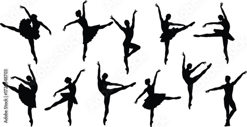 Ballet dancer silhouette set, classical poses, arabesque, pirouette, attitude, cartoon vector illustration, elegance, flexibility, dance movement, performance art