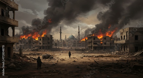 Devastated cityscape with burning buildings and silhouette figures