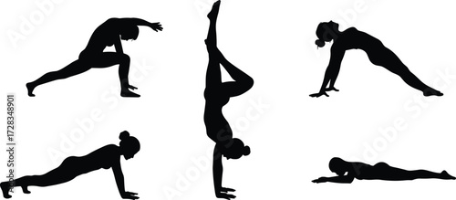 Yoga and fitness silhouette set, cartoon figures in plank, lunge, handstand, stretch, vector illustration, body alignment, strength, wellness, exercise