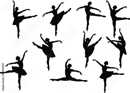 Ballet dancer silhouette set, classical poses, arabesque, jeté, attitude, cartoon vector illustration, elegance, flexibility, dance movement, performance art