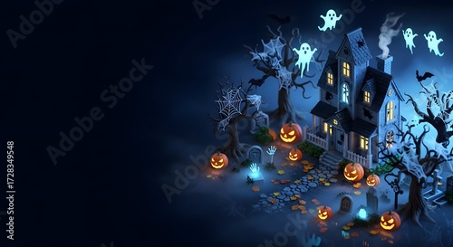 Dark spooky haunted Halloween house graveyard scene with pumpkins ghosts bats cobwebs fog blue orange