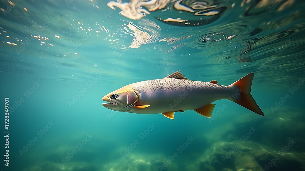 Fototapeta premium Underwater scene of trout swimming in a clear river with natural light creating a serene aquatic atmosphere. 