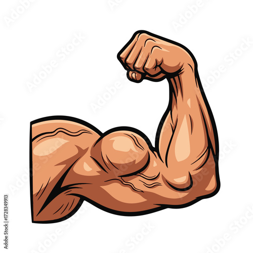 Strong muscular arm icon with flexed biceps. Cartoon vector illustration symbolizing power, strength, fitness, bodybuilding, and masculinity. Ideal for gym, workout, and training concepts.