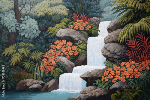 Serene waterfall surrounded by colorful flowers and lush plants in a tropical forest environment