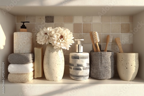 Serene Bathroom Shelf with Beautiful Decor and Natural Elements