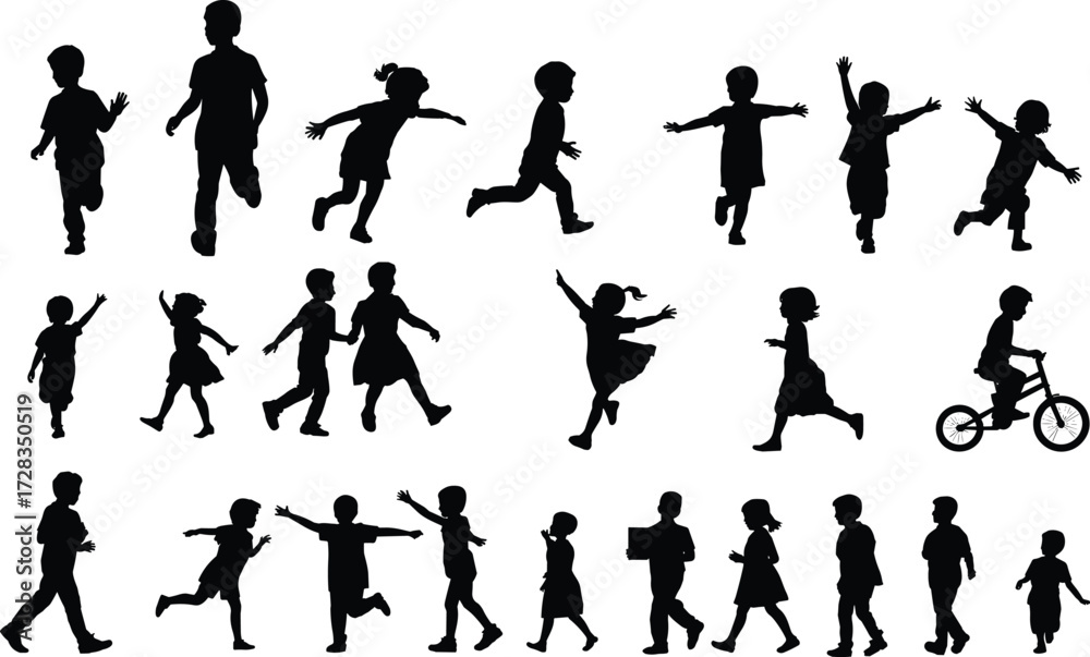 Naklejka premium Children silhouette set, cartoon kids running, walking, jumping, dancing, biking, playful poses, vector illustration, childhood activity, expressive movement