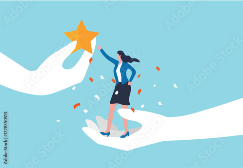 PR, public relation or marketing communication, advertising campaign or social media marketing, online promotion or email newsletter concept, young woman PR speak on megaphone on social media.