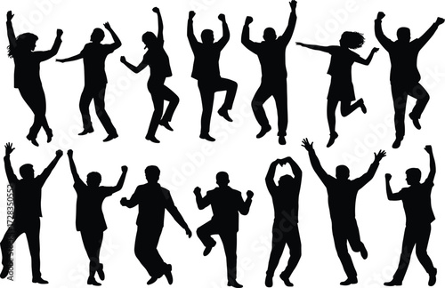 Celebration silhouette set, joyful human poses, jumping, dancing, raised arms, cartoon vector illustration, success, happiness, expressive movement, festive energy
