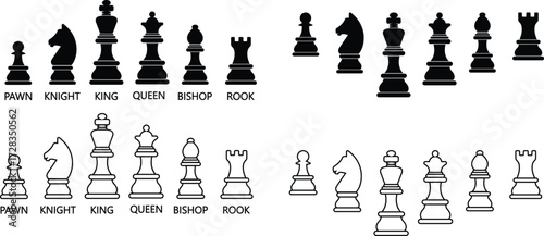 Chess pieces icon set collection group with pawn, knight, king, queen, rook, bishop symbols in black silhouette and line outline vector design, strategy game elements isolated on background