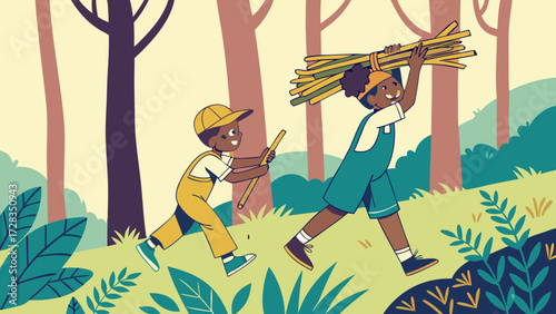 Two young children gathering firewood in a stylized forest, with one carrying a large bundle of sticks and the other following.