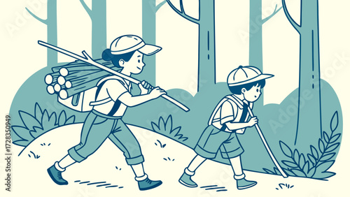 Two children hiking through a forest, one carrying wood, the other with a walking stick.