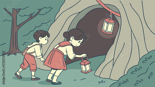Two children exploring a tree hollow with a lantern, creating a whimsical and adventurous scene.