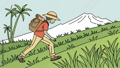 A cartoon illustration depicts a hiker with a backpack climbing a grassy hill towards a snow-capped mountain, with palm trees in the background.