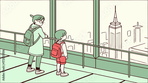 Two children with backpacks look out a window at a city skyline with a prominent skyscraper.