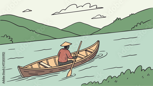 A person paddles a wooden canoe on a calm river, surrounded by green hills.