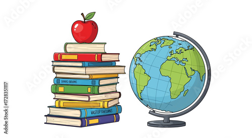 Education Vector Illustration with Globe and Stack of Books Topped with Apple in Cartoon Style
