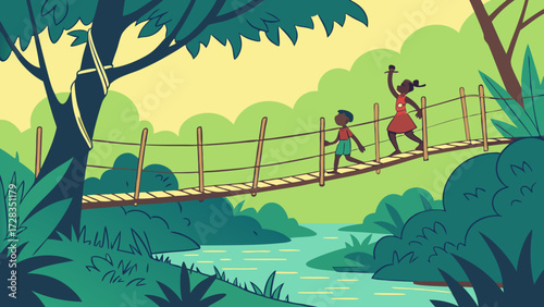 Two children, a girl and boy, happily walk across a rope bridge over a river.