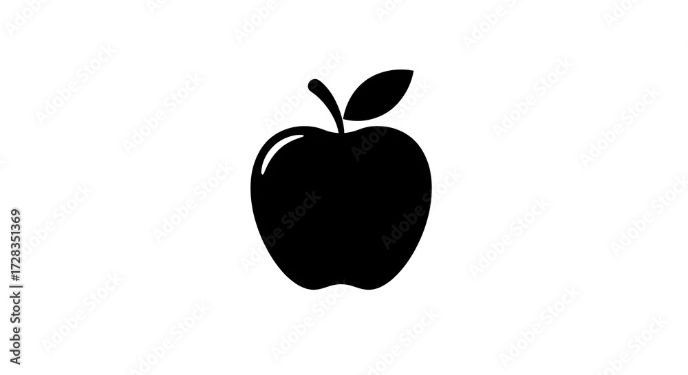 Fototapeta premium Black apple silhouette with leaf on white background simple graphic design