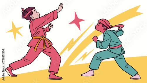 Two children in martial arts uniforms sparring with stars and lightning bolts in the background.