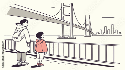 A mother and child admiring the iconic Golden Gate Bridge, observing the city skyline.