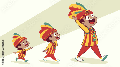 Three children in festive attire, walking up a gentle slope, celebrating.
