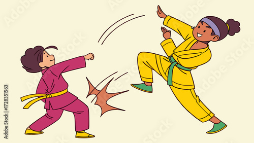 Two cartoon children practicing martial arts, one throwing a punch and the other defending with a kick.
