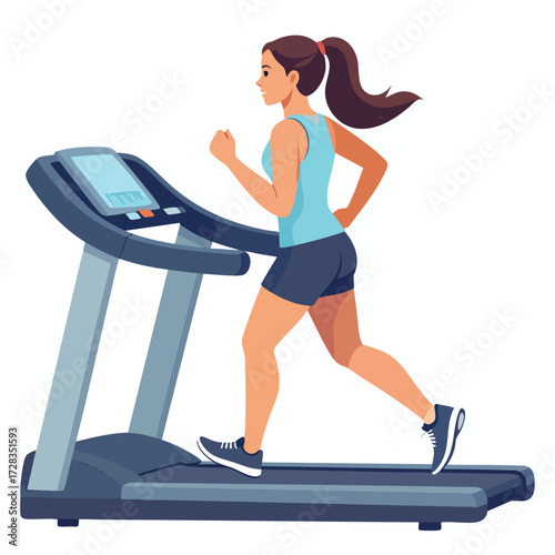 A woman with brown hair running on a treadmill, exercising indoors for health.