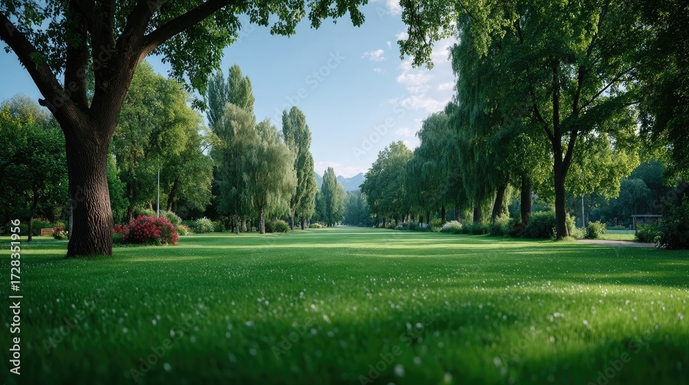 Obraz premium Lush Green Grass Field Under Sunlight With Scattered White Flowers and Distant Trees on Clear Day in Summer